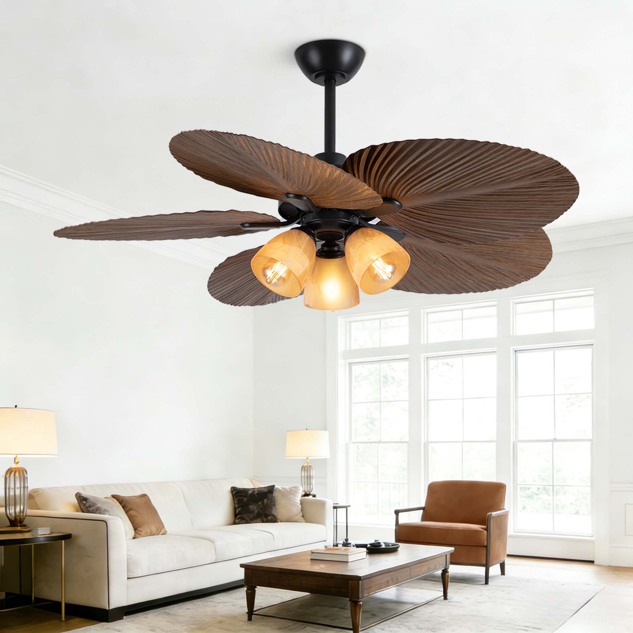 Tropical Fandelier Boho Style 52 Inch Ceiling Fan with Light and Decorative Palm Blade Coastal Design OEM Supplier
