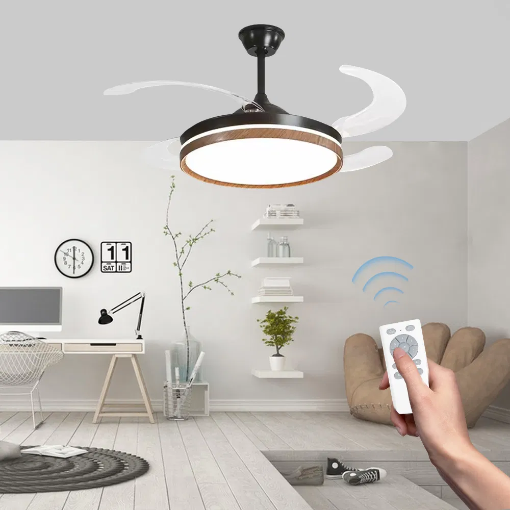 48 Inch Large-Size Wood Grain Trim Hidden Blade Ceiling Fan - PC Blades Remote Control Spacious Room
