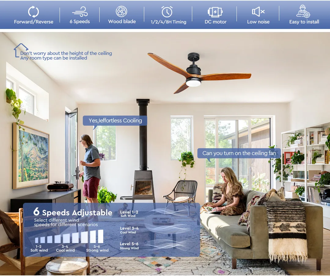 Energy Efficient DC Motor Ceiling Fan with Elegant Wood Blades Options