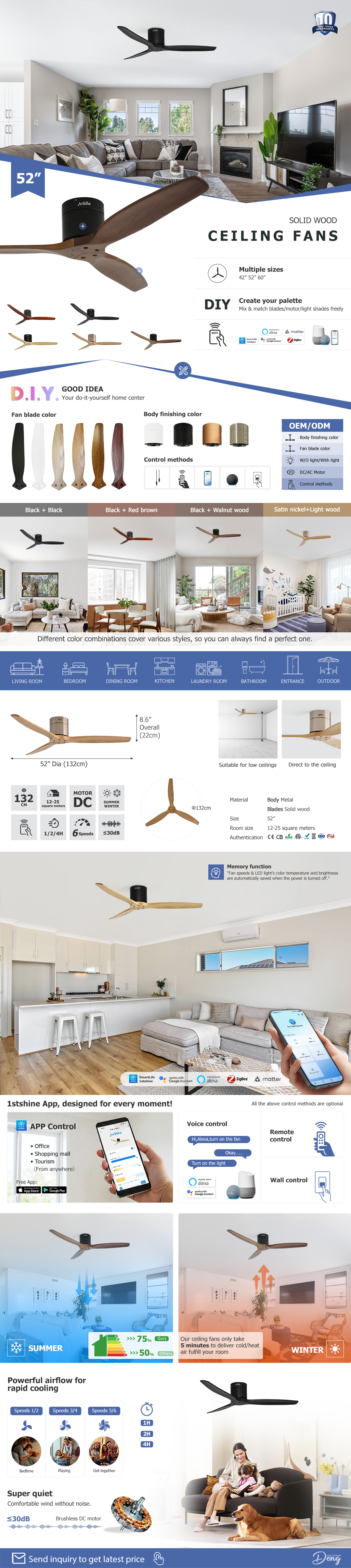Ceiling Fan 52 Inches Wooden Blades Flush Design DC Motor Ceiling Fan with Remote Control