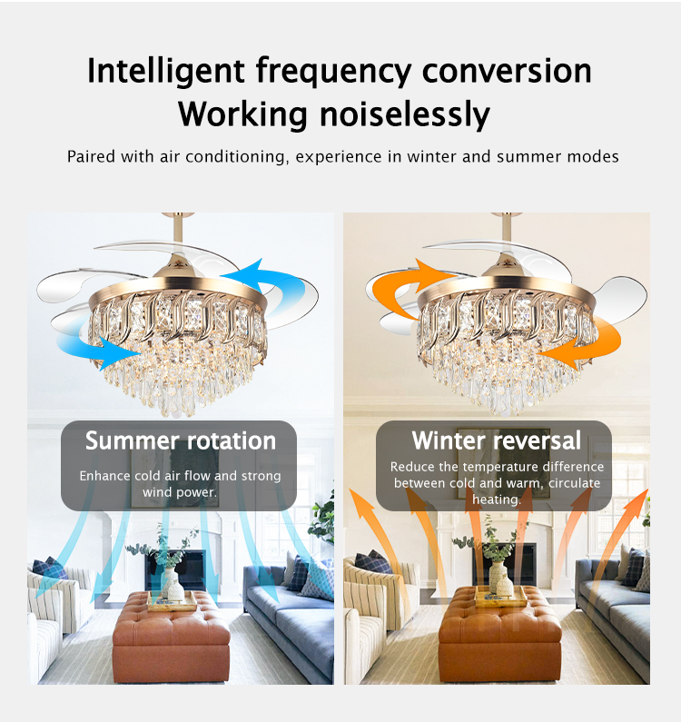 Y316 Crystal Fan Light Modern Reversible Ceiling Fan and Light Dimmable LED K9 Crystal Retractable Fan Light with Remote Control