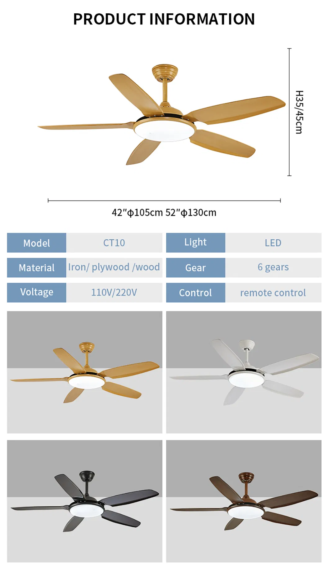 White Color Low Profile Remote Control High Quality Ceiling Fan Light