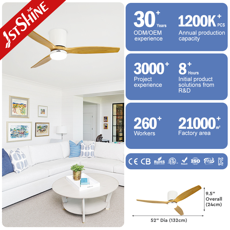 1stshine Low Profile LED Ceiling Fan 3 Wooden Blade Flush Mount Ceiling Fan with Light