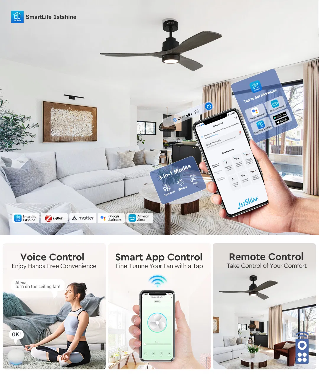 Ceiling Fan with Lamp Energy Saving DC Motor 3 Wood Blades Cooling LED Ceiling Fan Light