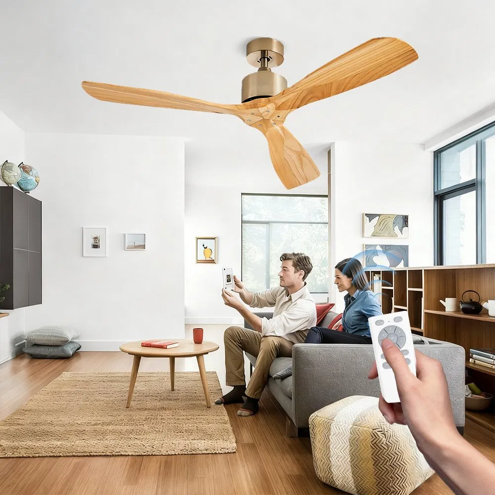 52" 3-Blades Solid Wood Blade Ceiling Fan Indoor Decorative Hanging Fan Without Light and Remote Control