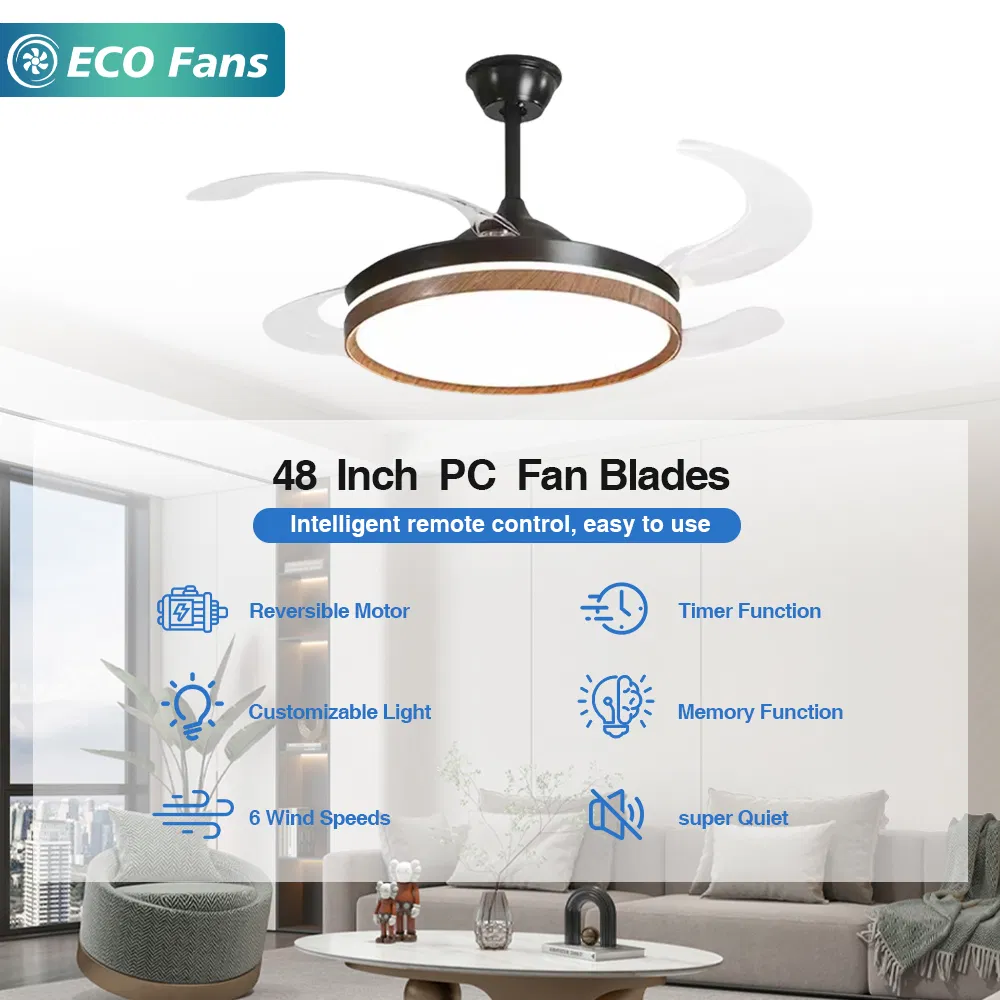 48 Inch Large-Size Wood Grain Trim Hidden Blade Ceiling Fan - PC Blades Remote Control Spacious Room