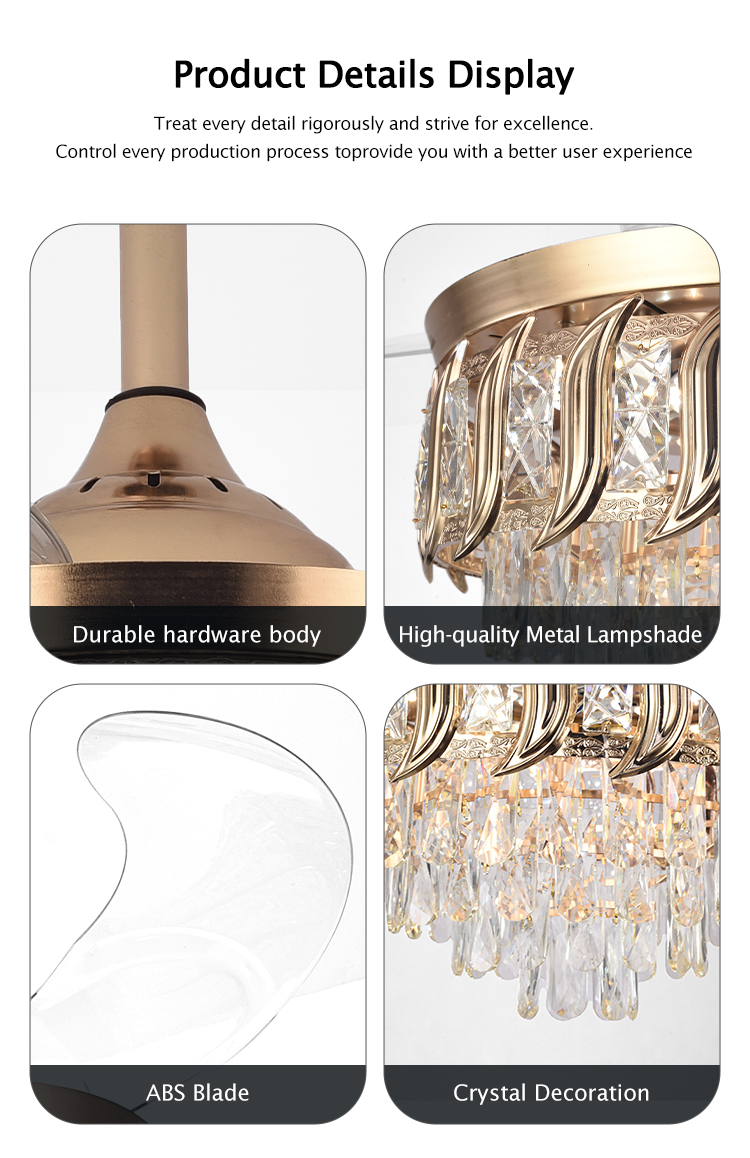 Y316 Crystal Fan Light Modern Reversible Ceiling Fan and Light Dimmable LED K9 Crystal Retractable Fan Light with Remote Control