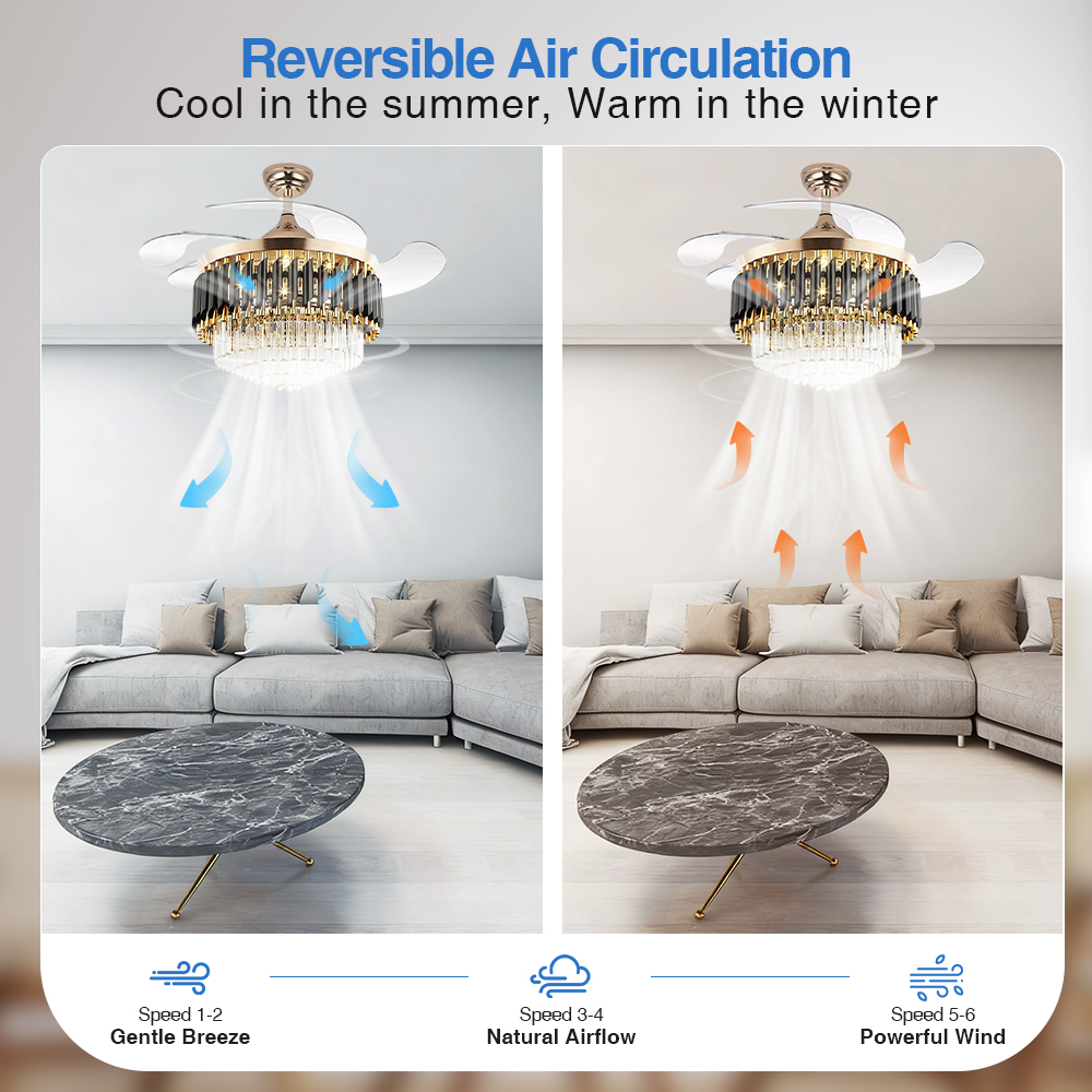 36 Inch Modern European Crystal LED Ceiling Fan With RGB Light, Black Gold Finish And DC Motor For Bedroom Decor