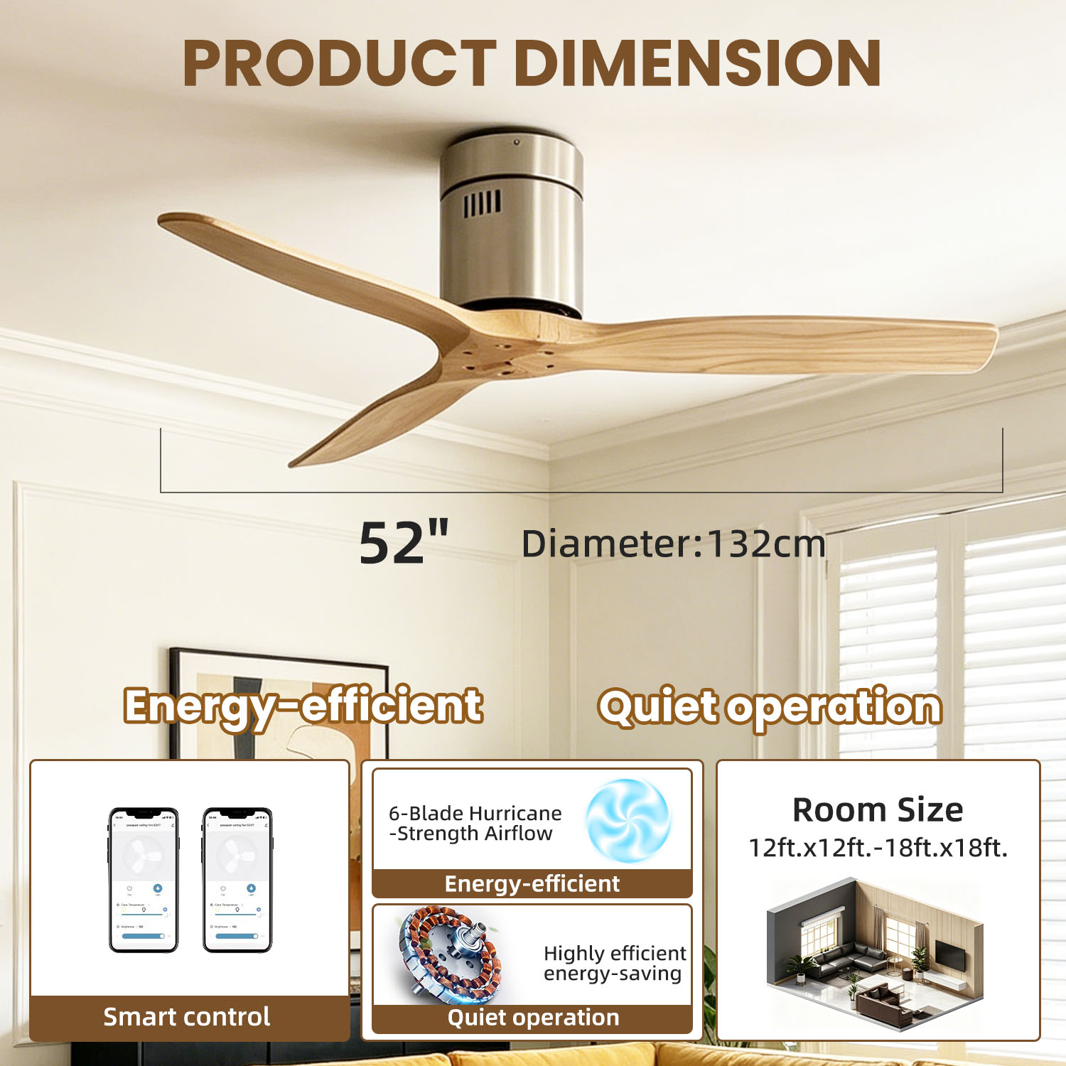 Ceiling Fans 52 Inch Solid Wood Ceiling Fan With Remote Control Silent DC Motor 6 Speed Reversible Modern Wood Ceiling Fan