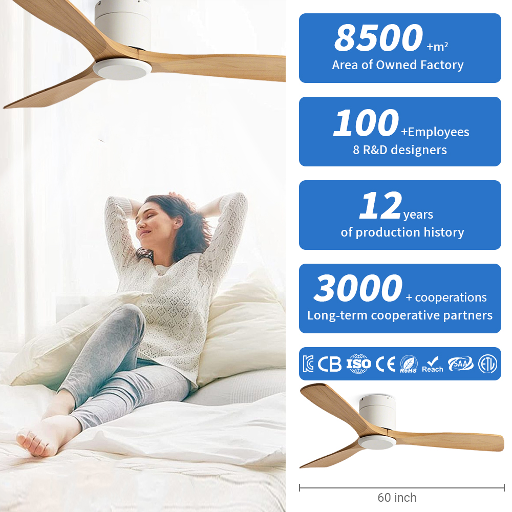 60 Inch Large Size Solid Wood Ceiling Fan With DC Motor, Remote Control, And Silent Operation For Home Use