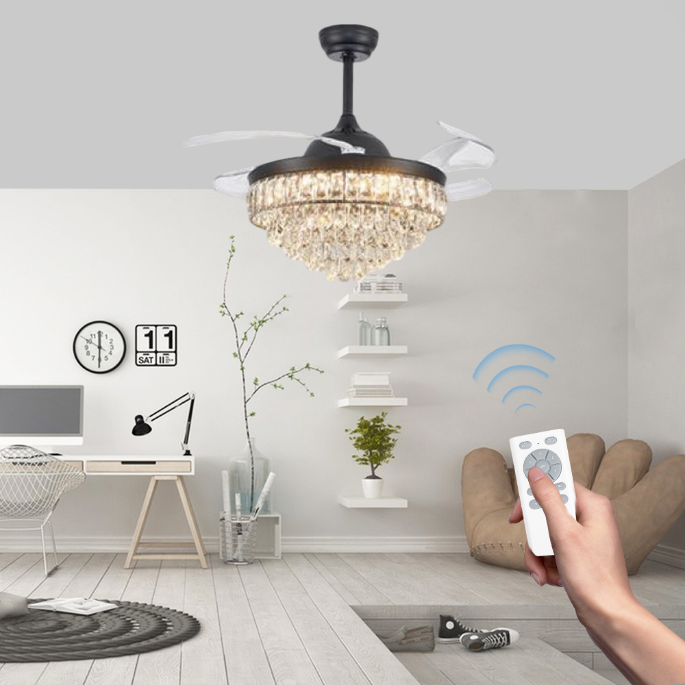 48 Inch Crystal Ceiling Fan With European Style, Smart Remote Control And LED For Living Room Comfort