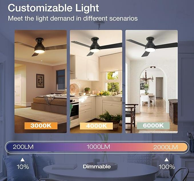 Ceiling Fans with Lights, 42 Inch Low Profile Ceiling Fan with Light and Remote Control, Flush Mount, Reversible, 3CCT, Dimmable, Noiseless, Black Ceiling Fan
