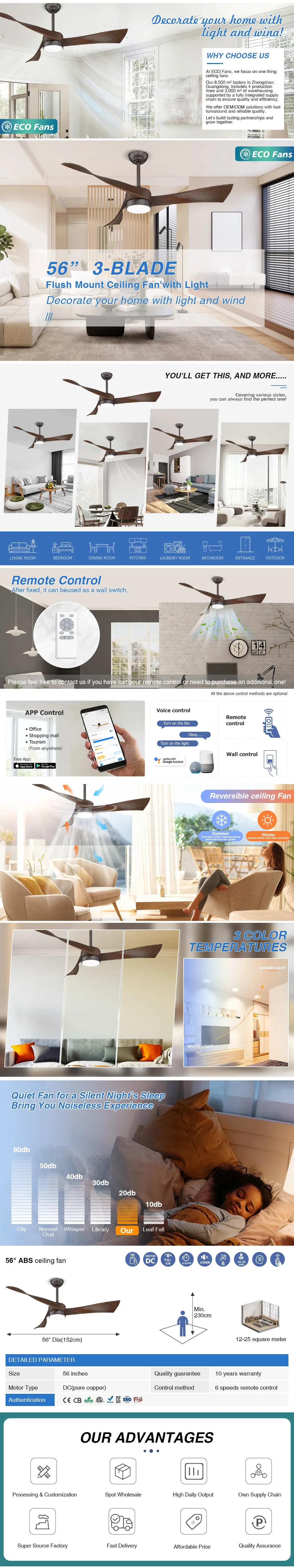56-Inch ABS Ceiling Fans Remote Control & Lights, 5 Dark Wood Blades, Quiet Ceiling Fan for Living Room, Bedroom, Office, Dining Room, Patio.
