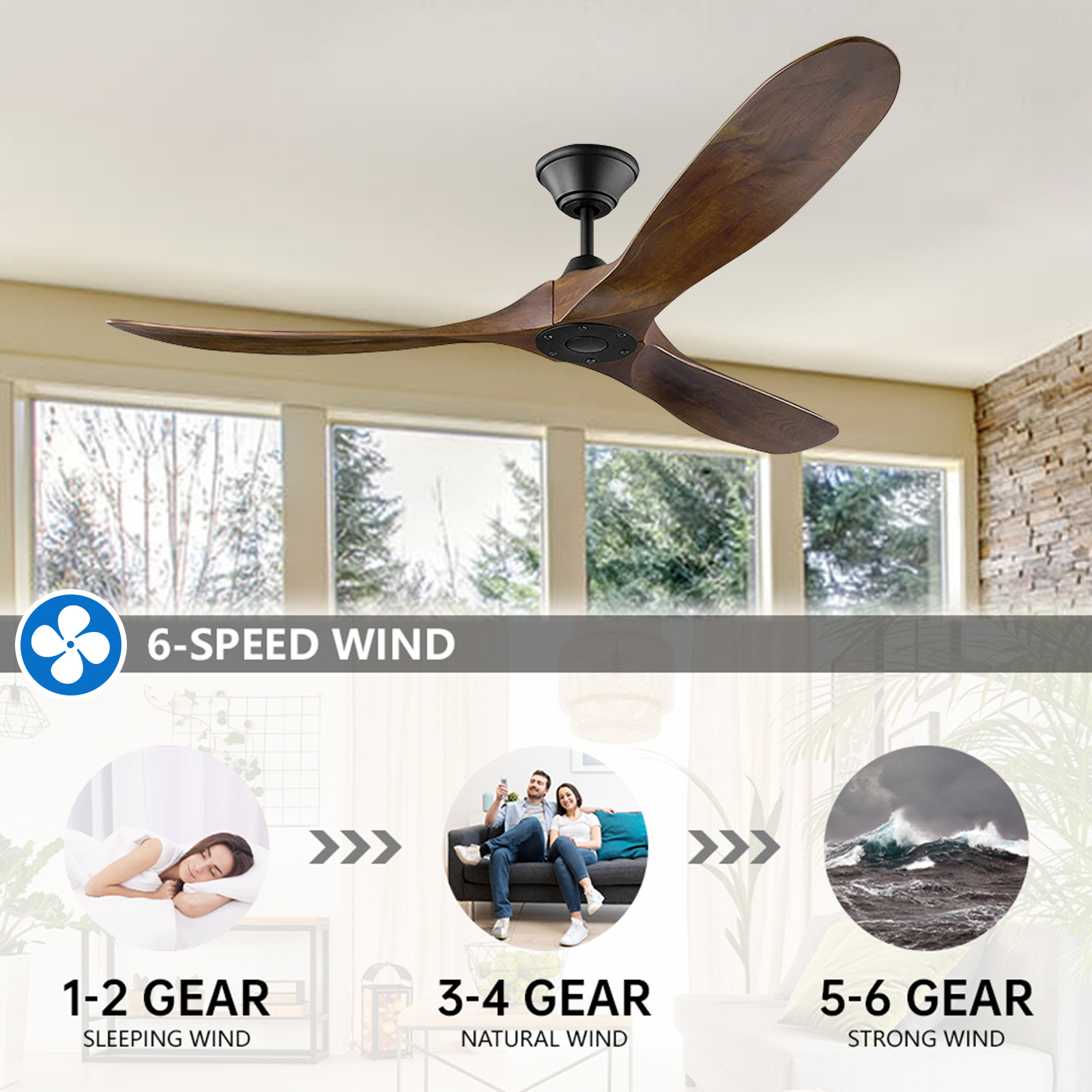 52" High Airflow Outdoor DC Motor Wooden Blade Reversible Ceiling Fan with Remote Control Electric Hotel Use No Light