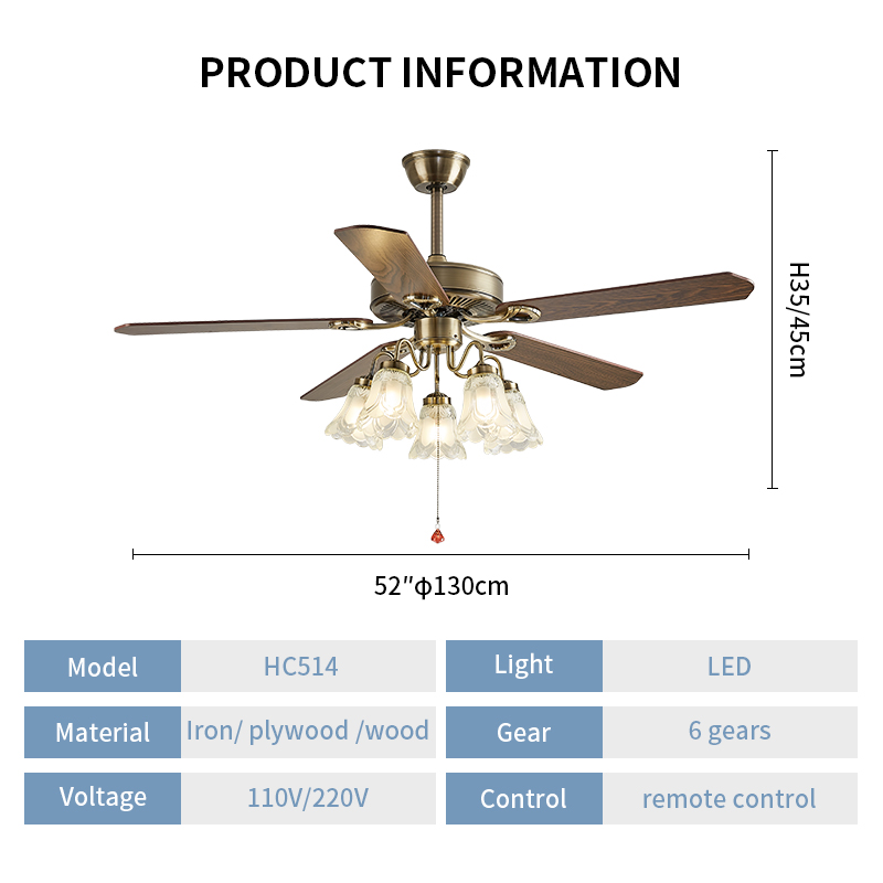 52 Inch Ceiling Fan with Pull-Chain and Three LED Light Bulbs Base, Traditional 3-Speeds Reversible Blades Ceiling Fan (Antique)