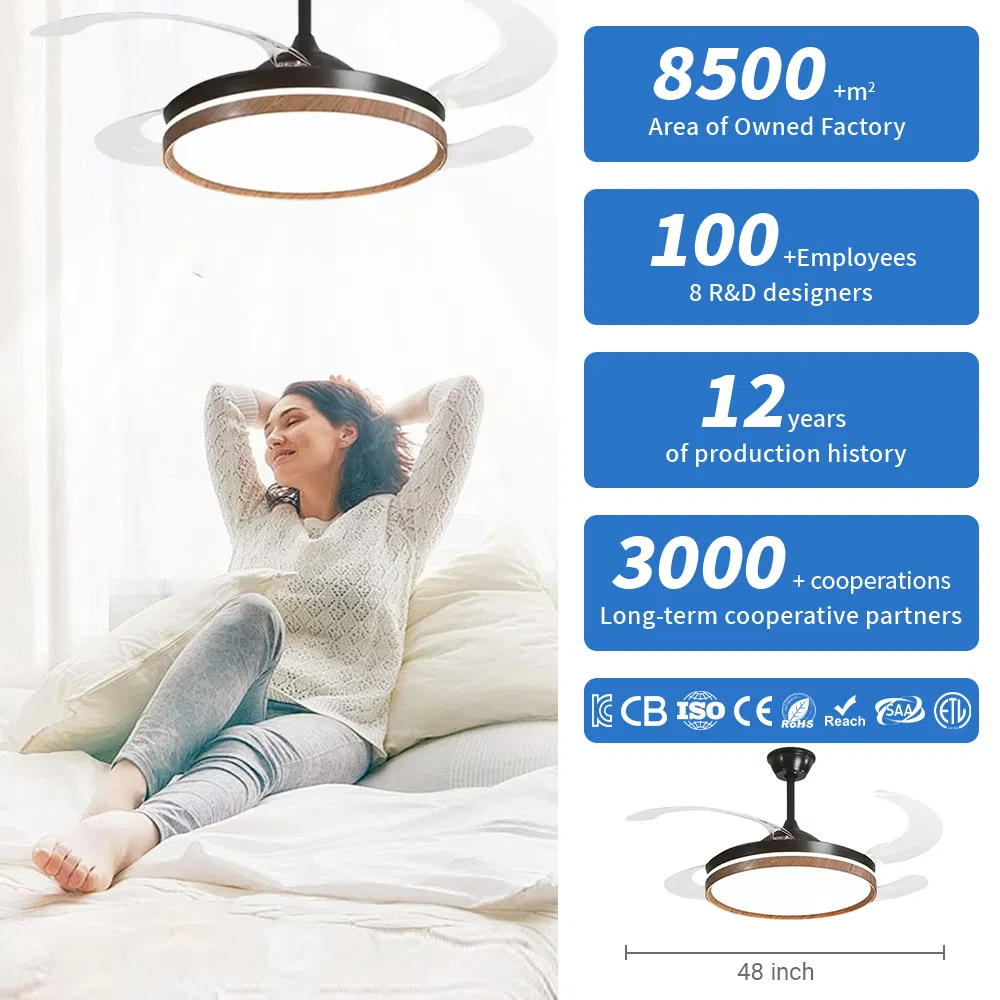 48 Inch Large-Size Wood Grain Trim Hidden Blade Ceiling Fan - PC Blades Remote Control Spacious Room
