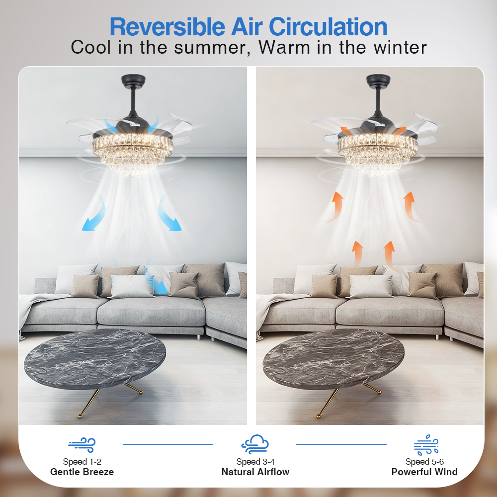 48 Inch Crystal Ceiling Fan With European Style, Smart Remote Control And LED For Living Room Comfort
