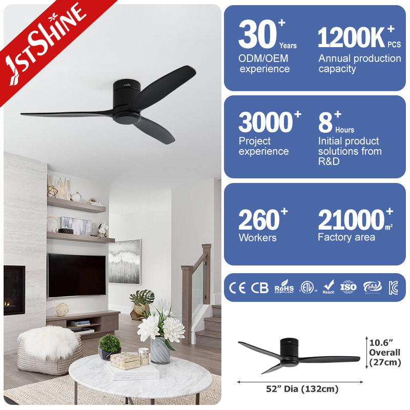 1stshine Ceiling Fan 52" Walnut Blades Matte Finish Flush Mount Design 6-Speed Remote Control Premium Wood Ceiling Fan
