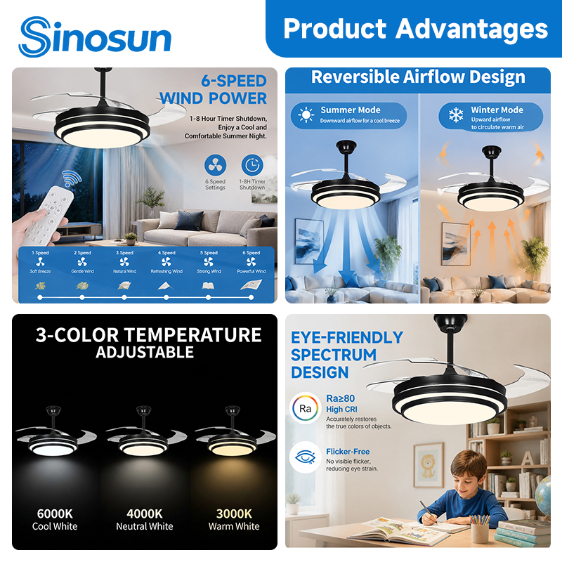Top Selling Product Modern Indoor Decor 42 Inch 6 wind speed Adjustable Remote Control Led Invisible Ceiling Fan With Light