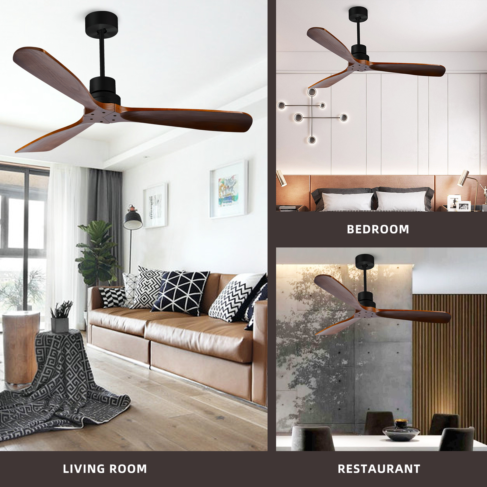 OEM ODM 52 Inch Fans Lamp Metal 3 Solid Wooden Blade Led Remote Control Nordic Modern LED Ceiling Fan With Light