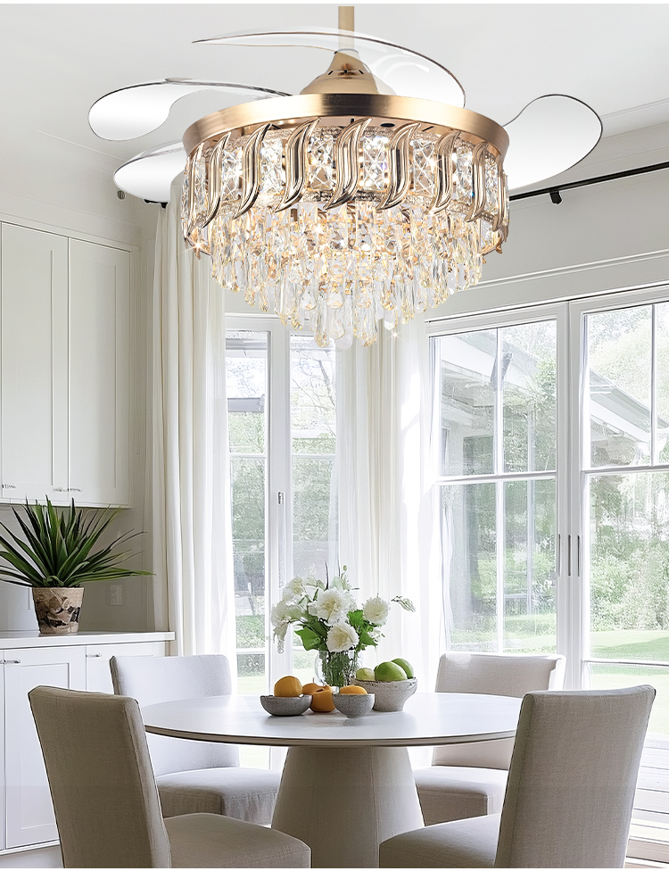 Y316 Crystal Fan Light Modern Reversible Ceiling Fan and Light Dimmable LED K9 Crystal Retractable Fan Light with Remote Control