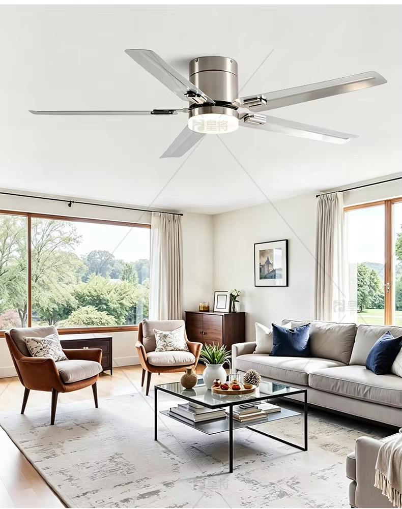 Modern Iron LED Ceiling Fan 5 Blades DC Motor Remote Control Flush Mount Light Indoor 6-Speed Adjustable 3500K Warm White 32-48