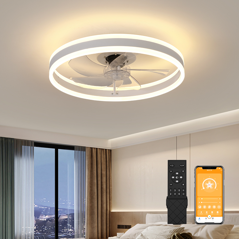 Modern Minimalist Metal Ceiling Fan LED Light Smart APP Control Ultra-Quiet Reversible DC Motor Flush Mount Bedroom 5 Blades