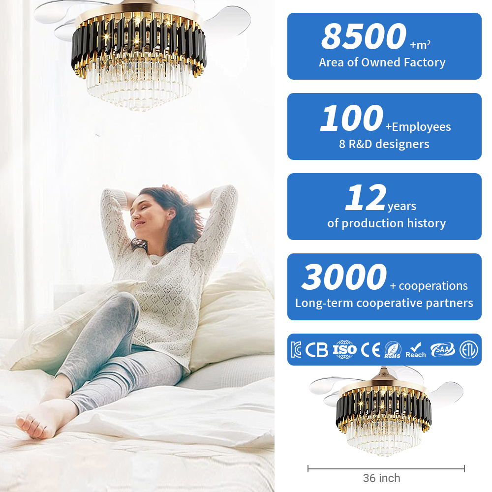 36 Inch Modern European Crystal LED Ceiling Fan With RGB Light, Black Gold Finish And DC Motor For Bedroom Decor