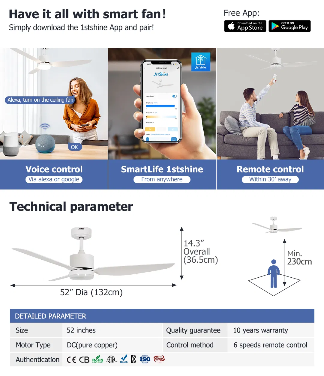Smart Remote Control LED Ceiling Fan with Light Detail 5