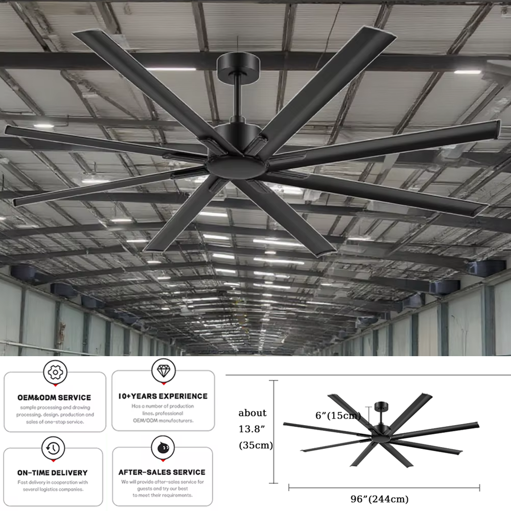 96 Inch Factory Workshop Warehouse 8 Aluminum Blade Large Ceiling Fan Without Light with Remote Control