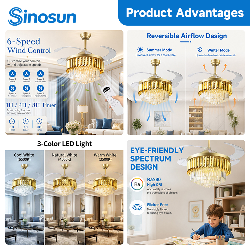 Easy Install Modern Indoor Home Bedroom 42 Inch Reversible Motor Luxury Mute Led Crystal Ceiling Fan Light with Remote Control