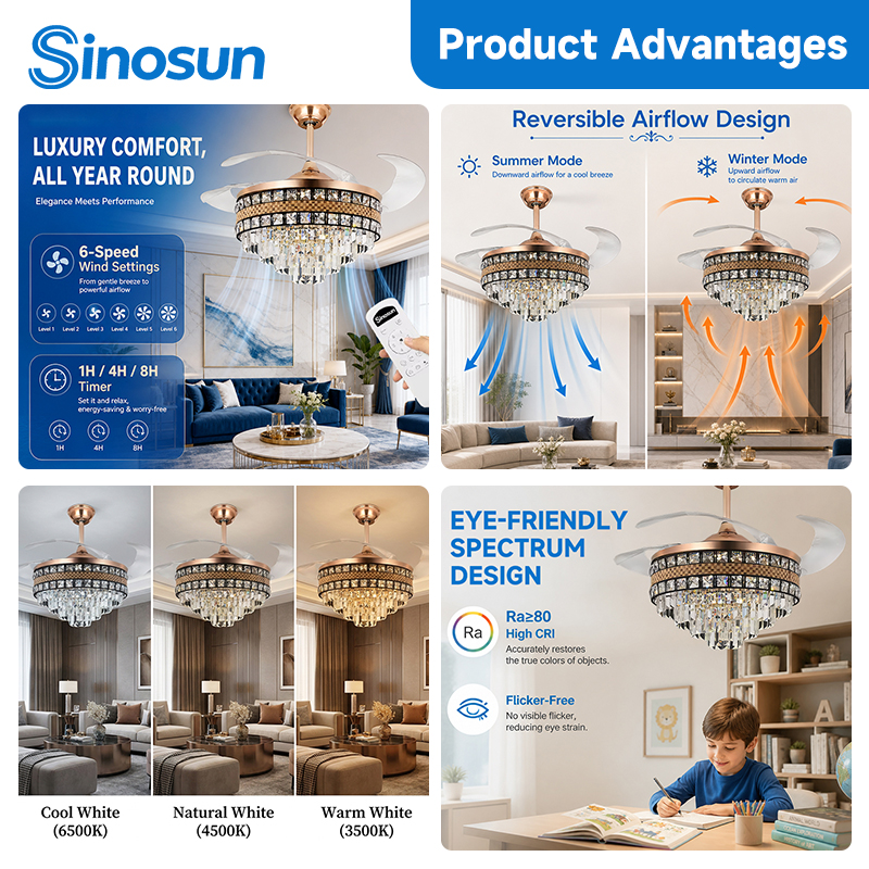 Energy-saving Modern Indoor 42 Inch 3-Color Temperature Dimmable Mute Invisible Crystal Ceiling Fan With Led Light and Remote