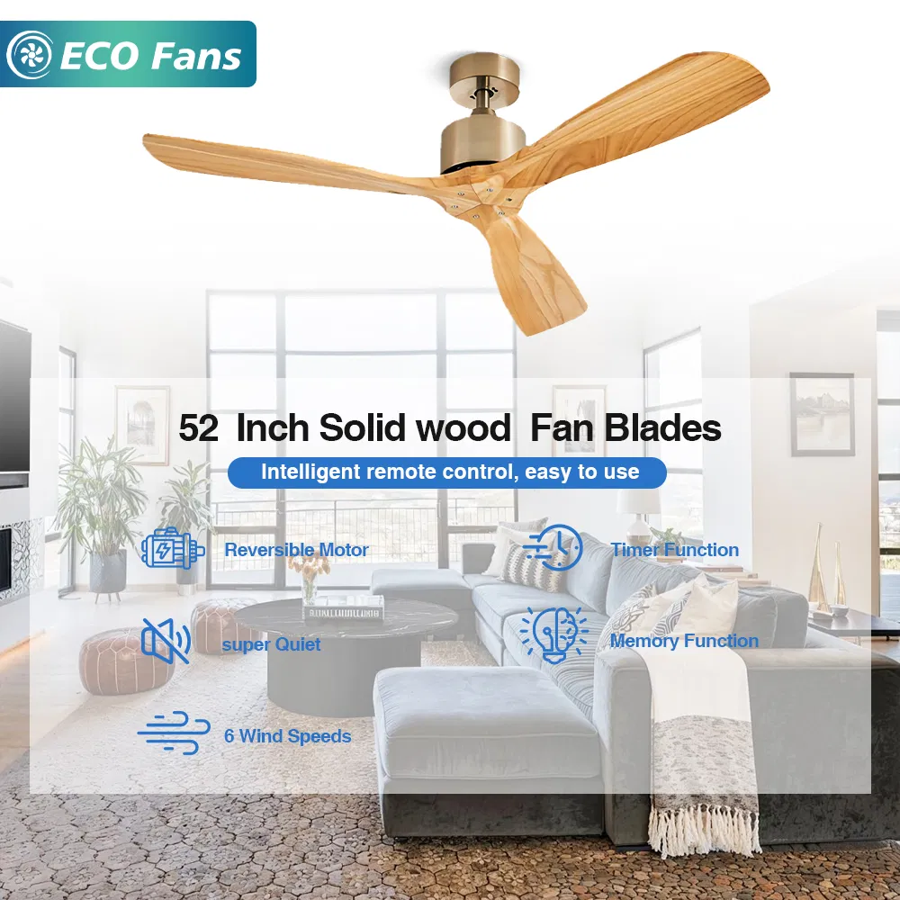 52" 3-Blades Solid Wood Blade Ceiling Fan Indoor Decorative Hanging Fan Without Light and Remote Control