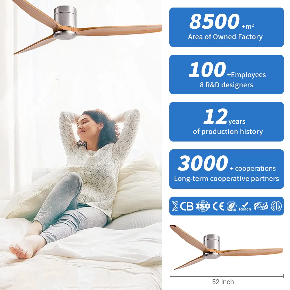 Solid Wood Ceiling Fan Brushed Nickel Luxury Chrome Finish 52 Inch Ceiling Fan with 3 Blade