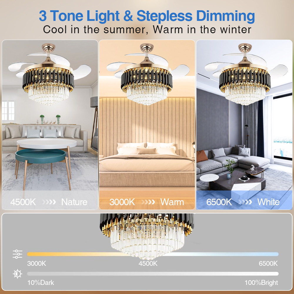 36 Inch Modern European Crystal LED Ceiling Fan With RGB Light, Black Gold Finish And DC Motor For Bedroom Decor