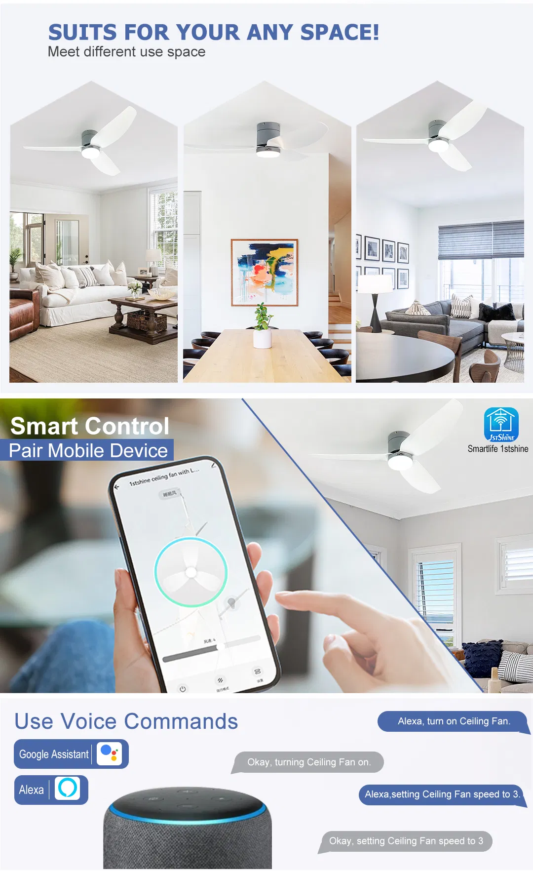 LED Ceiling Fan LED Design ABS Blades Ceiling Fans with 6 Speeds Remote