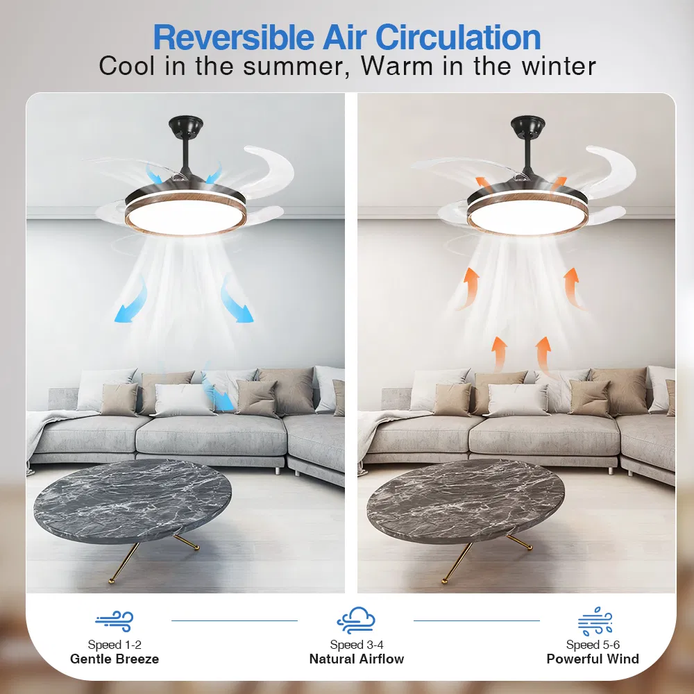 48 Inch Large-Size Wood Grain Trim Hidden Blade Ceiling Fan - PC Blades Remote Control Spacious Room