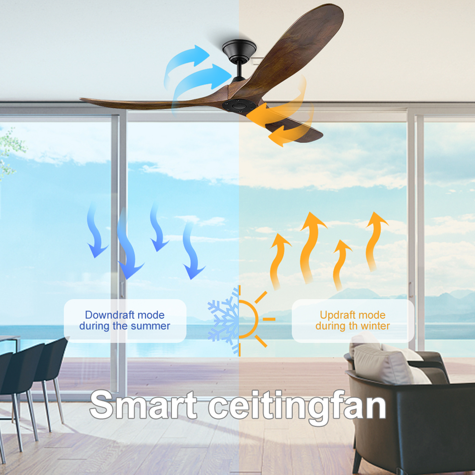 52" High Airflow Outdoor DC Motor Wooden Blade Reversible Ceiling Fan with Remote Control Electric Hotel Use No Light