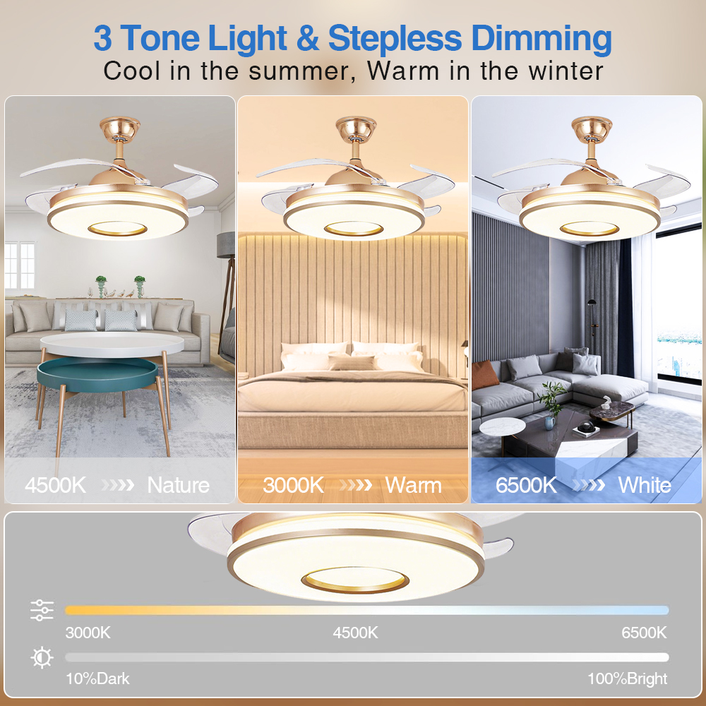 48 Inch Luxury Retractable Ceiling Fan With 4 Invisible Blades, Gold-Black Finish, LED Light And Smart Remote Control