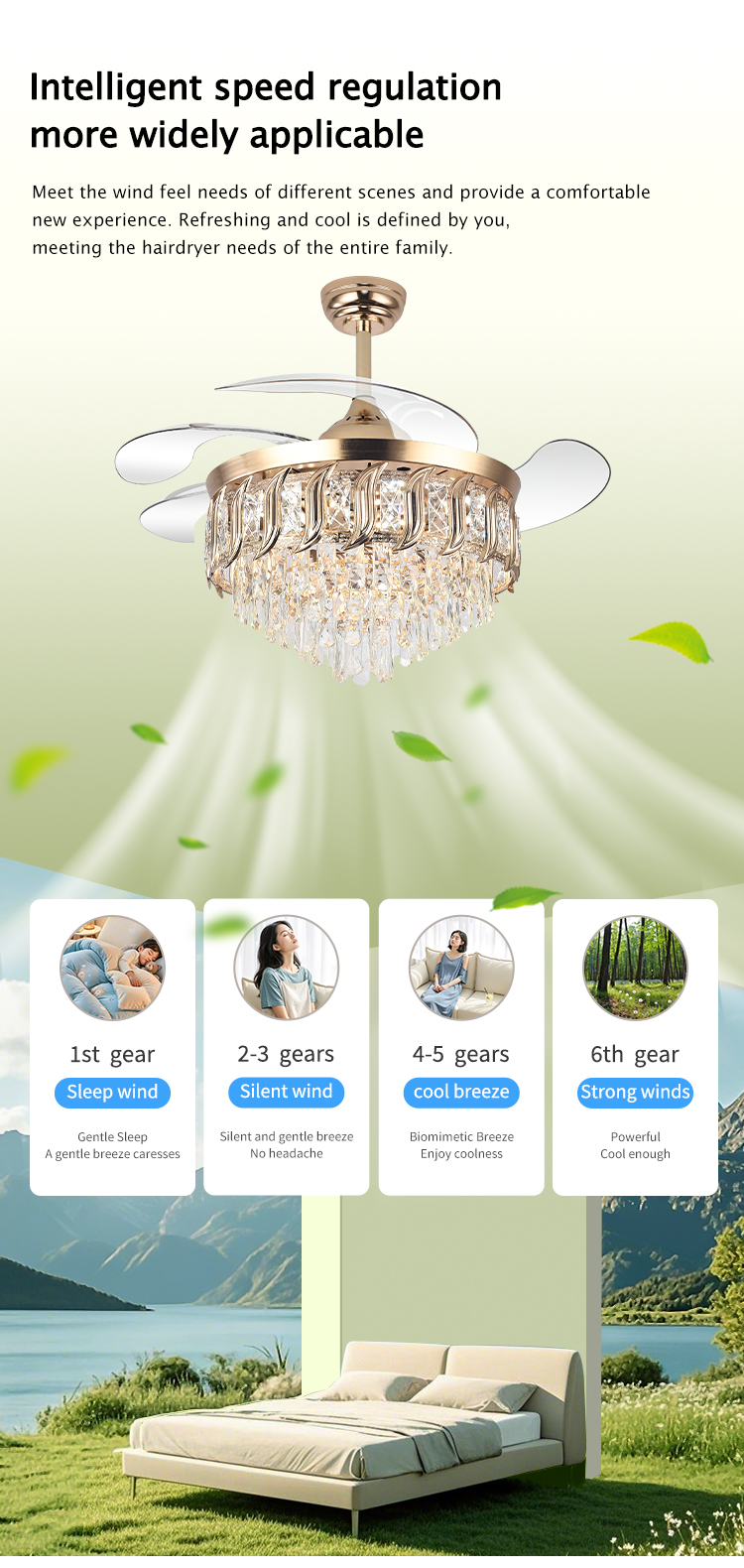 Y316 Crystal Fan Light Modern Reversible Ceiling Fan and Light Dimmable LED K9 Crystal Retractable Fan Light with Remote Control