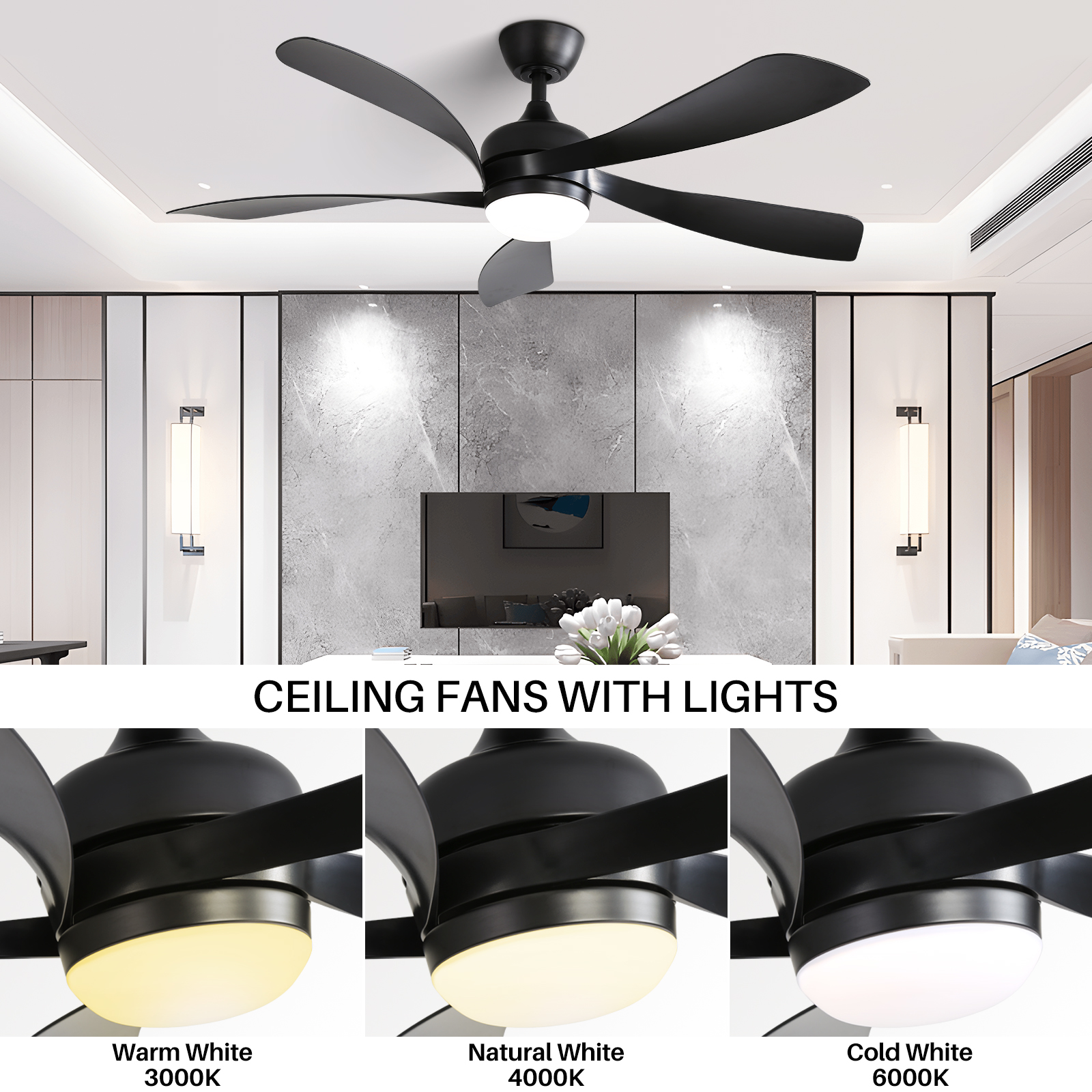 52-Inch Modern Ceiling Fan with LED Lights Smart Tuya Reversible DC Motor CE ETL Certified Remote Control Switch for Living Room