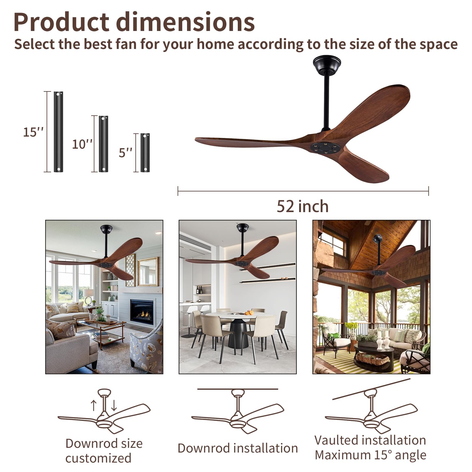 Indoor Ceiling Fan Without Light American Style Solid Wood Blades Quietest Motor for Living Room Garage Farmhouse Ceiling Fan