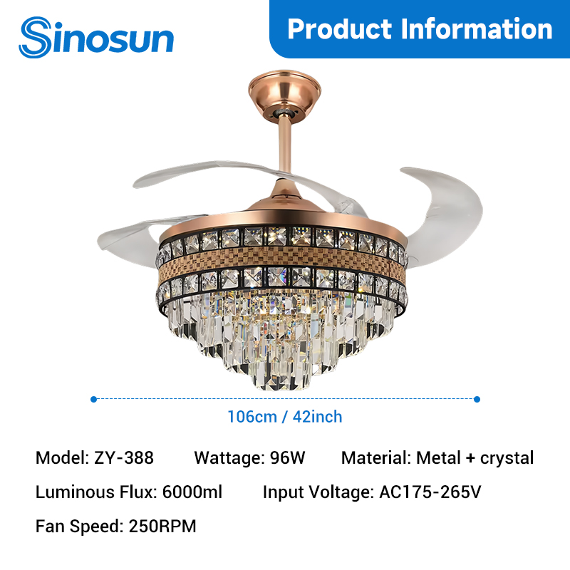 Energy-saving Modern Indoor 42 Inch 3-Color Temperature Dimmable Mute Invisible Crystal Ceiling Fan With Led Light and Remote