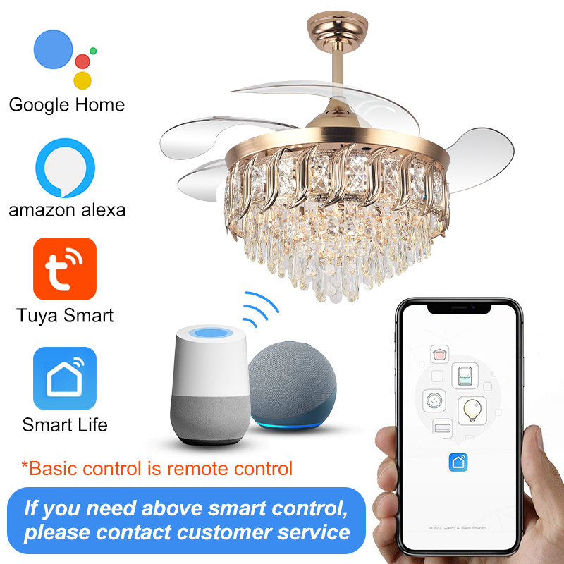 Y316 Crystal Fan Light Modern Reversible Ceiling Fan and Light Dimmable LED K9 Crystal Retractable Fan Light with Remote Control