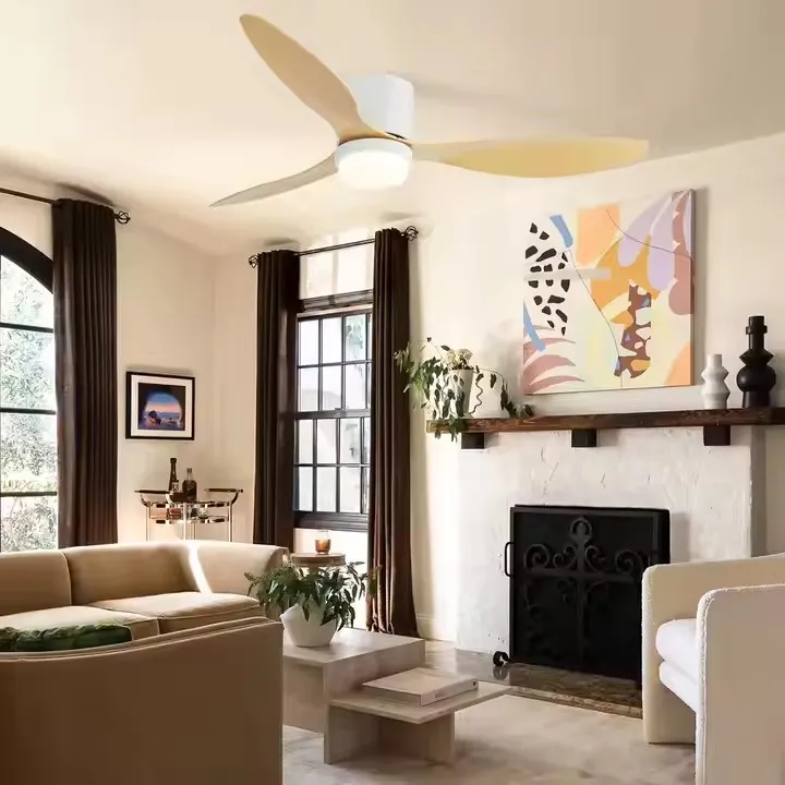 Decorative Indoor Solid Wood Blades Remote Control LED Ceiling Fan with Light