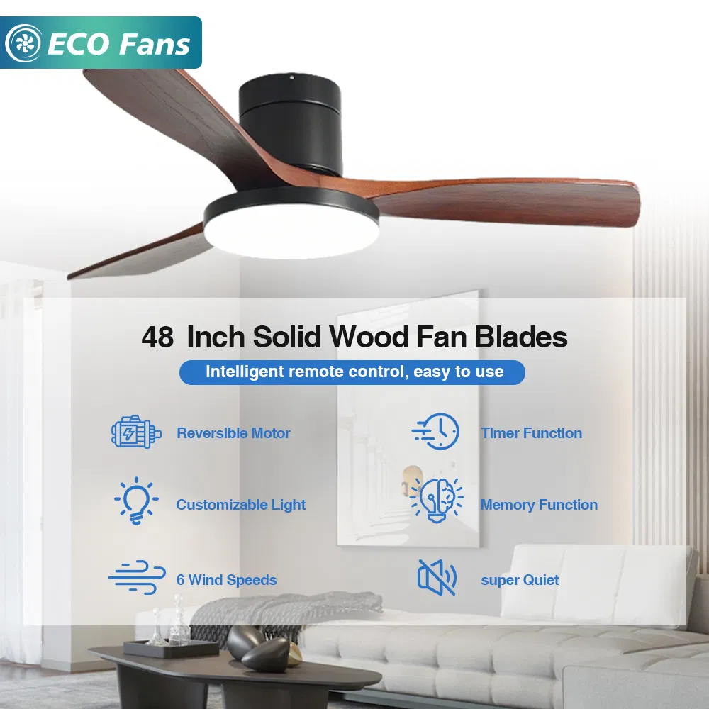 Solid Wood Blades Ceiling Fans with Light for Living Room