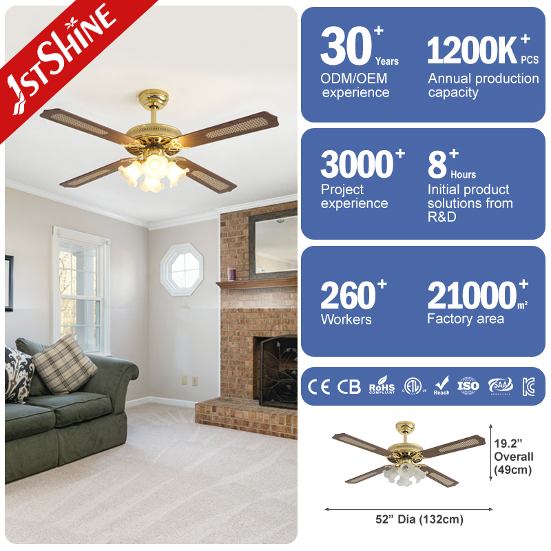 1stshine Ceiling Fan Traditional MDF Blades OEM Color 52 Inches Remote Control Pure Copper AC Motor Ceiling Fan Light