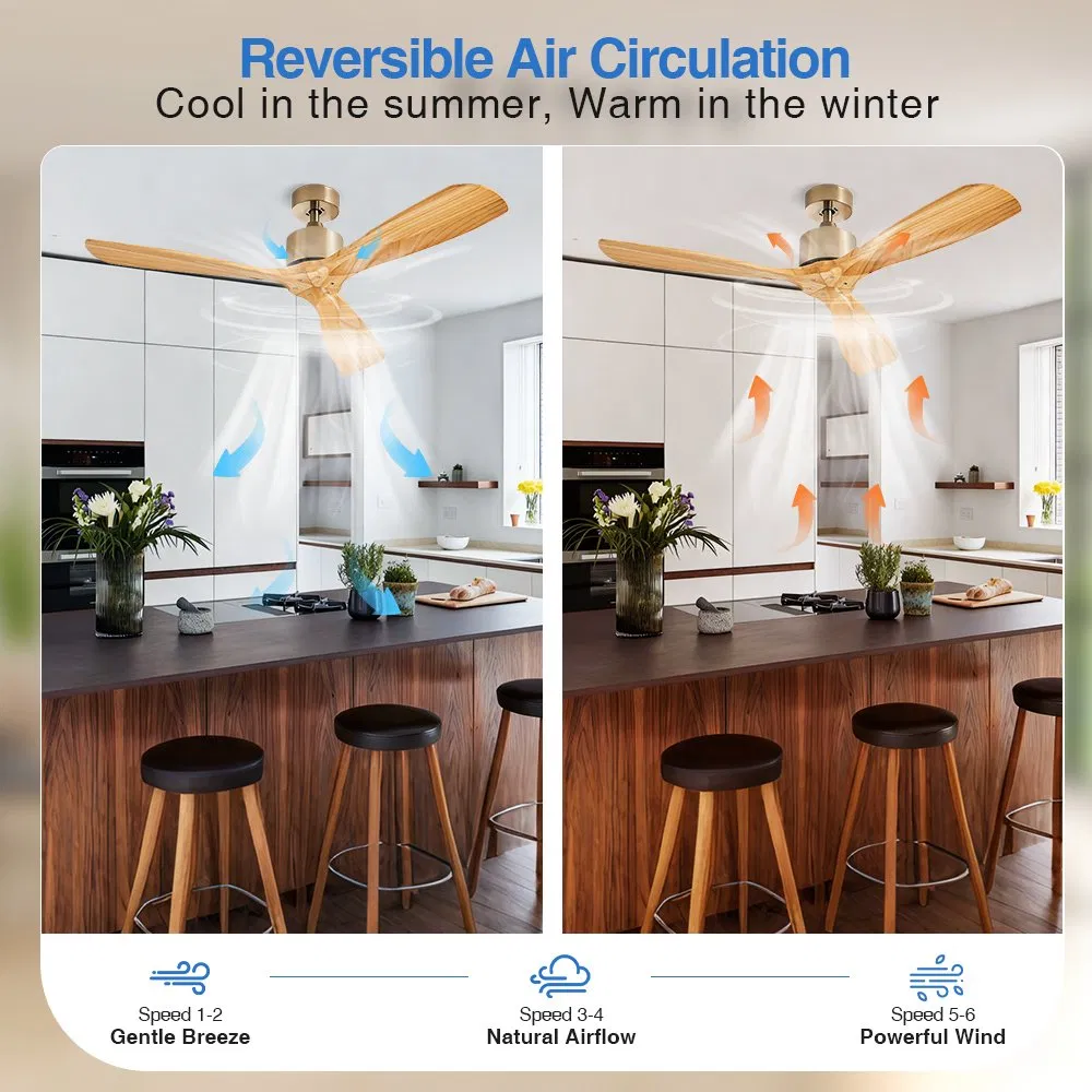 52" 3-Blades Solid Wood Blade Ceiling Fan Indoor Decorative Hanging Fan Without Light and Remote Control