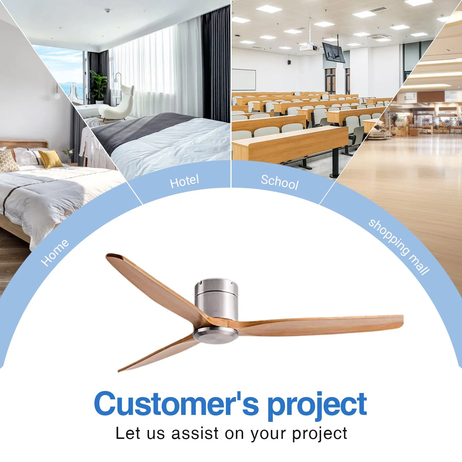 Solid Wood Ceiling Fan Brushed Nickel Luxury Chrome Finish 52 Inch Ceiling Fan with 3 Blade