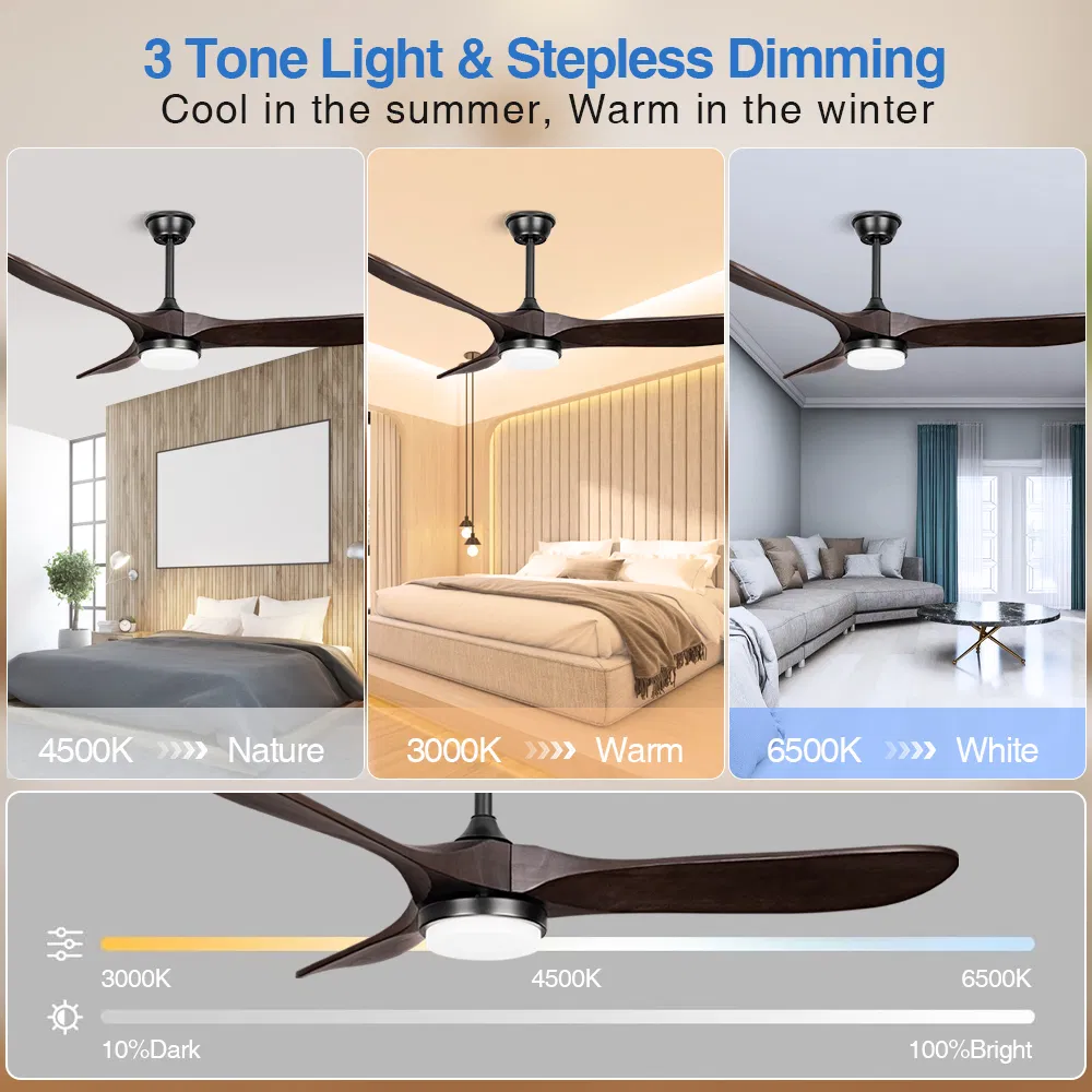 52 Inches Solid Wood 3 Blades Remote Control Ceiling Fan with Light